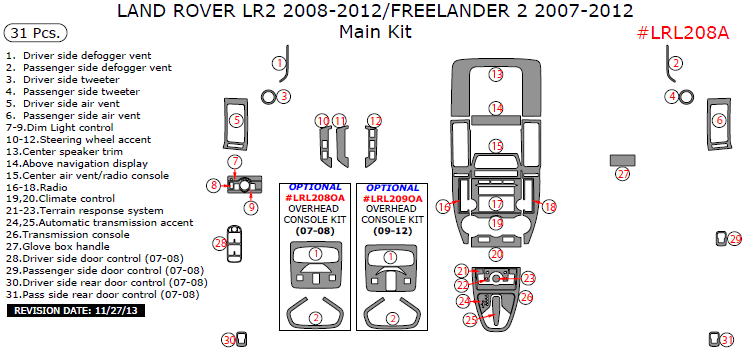 Land Rover LR2 2008, 2009, 2010, 2011, 2012/Freelander 2 2007, 2008, 2009, 2010, 2011, 2012, Main Interior Kit, 31 Pcs. dash trim kits options