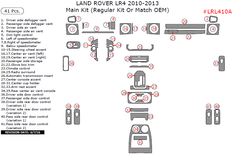 Land Rover LR4 2010, 2011, 2012, 2013, Main Interior Kit (Regular Kit Or Match OEM), 41 Pcs. dash trim kits options