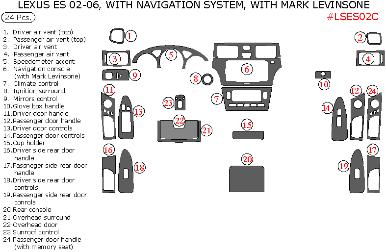 Lexus ES 2002, 2003, 2004, 2005, 2006, Interior Dash Kit, With Navigation System, With Mark Levinsone, 24 Pcs. dash trim kits options