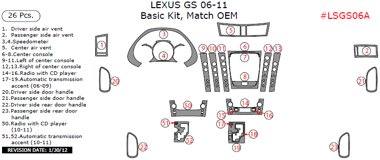 Lexus GS 2006, 2007, 2008, 2009, 2010, 2011, Basic Interior Kit, 26 Pcs., Match OEM dash trim kits options