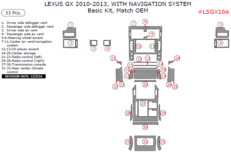Lexus GX 2010, 2011, 2012, 2013, With Navigation System, Basic Interior Kit, 33 Pcs., Match OEM dash trim kits options