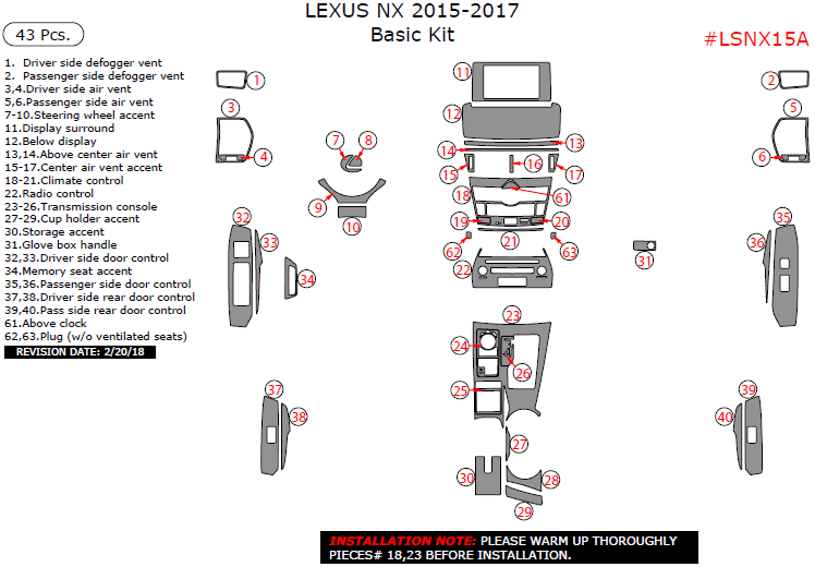 Lexus NX 2015, 2016, 2017, Basic Interior Kit, 43 Pcs. dash trim kits options