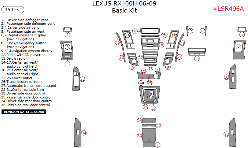 Lexus RX 2004, 2005, 2006, 2007, 2008, 2009, Basic Interior Kit (Hybrid Only), 35 Pcs. dash trim kits options