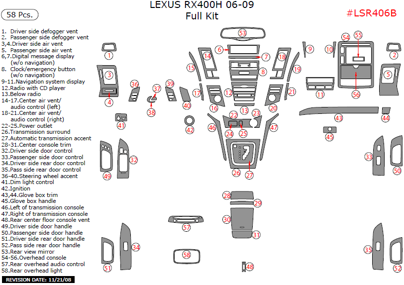Lexus RX 2004, 2005, 2006, 2007, 2008, 2009, Full Interior Kit (Hybrid Only), 58 Pcs. dash trim kits options