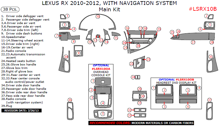 Lexus RX 2010, 2011, 2012, With Navigation System, Main Interior Kit, 38 Pcs. dash trim kits options