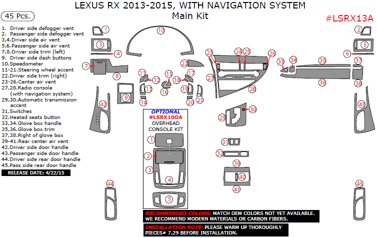 Lexus RX 2013, 2014, 2015, With Navigation System, Main Interior Kit, 45 Pcs. dash trim kits options