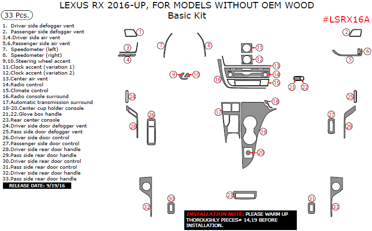 Lexus RX 2016, 2017, For Models Without OEM Wood, Basic Interior Kit, 33 Pcs. dash trim kits options