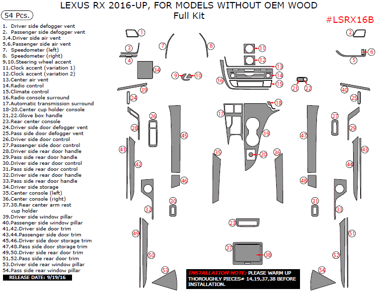 Lexus RX 2016, 2017, For Models Without OEM Wood, Full Interior Kit, 54 Pcs. dash trim kits options