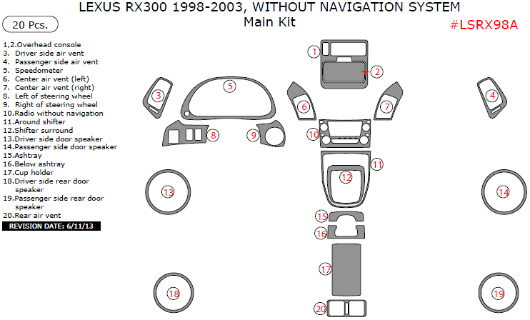 Lexus Rx 1998 1999 2000 2001 2002 2003 Without Navigation System Main Interior Kit 20 Pcs Match Oem