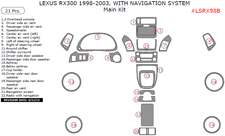 Lexus RX 1998, 1999, 2000, 2001, 2002, 2003, With Navigation System, Main Interior Kit, 21 Pcs, Match OEM dash trim kits options
