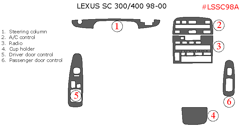 Lexus SC 300/400 1998, 1999, 2000, Interior Dash Kit, 6 Pcs., Match OEM dash trim kits options