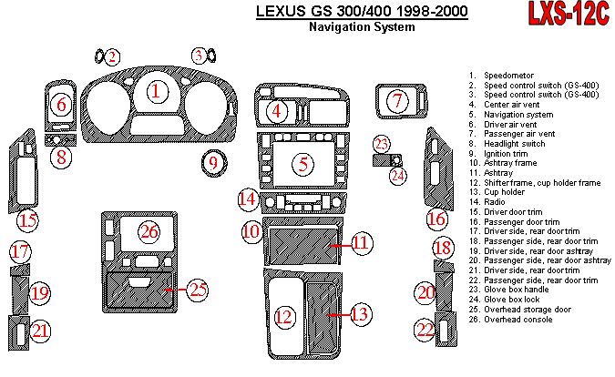 Lexus GS 1998, 1999, 2000, Interior Dash Kit, Navigation System, Match OEM, Natural Wood, 26 Pcs. dash trim kits options
