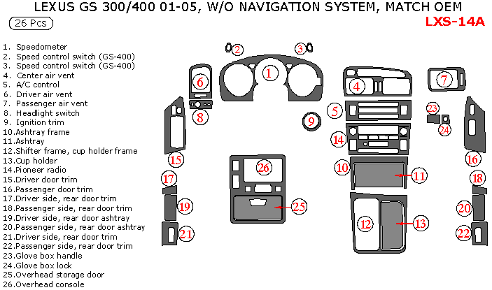 Lexus GS 2001, 2002, 2003, 2004, 2005, Interior Dash Kit, Without Navigation System, 26 Pcs., Match OEM dash trim kits options