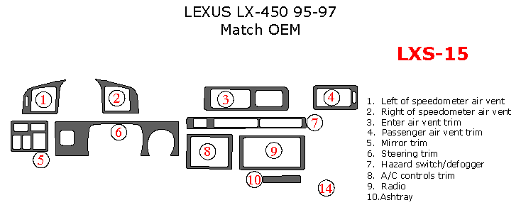 Lexus LX 1995, 1996, 1997, Interior Dash Kit, Match OEM, 10 Pcs. dash trim kits options