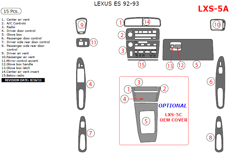 Lexus ES 1992, 1993, 1994, 1995, 1996, Main Interior Kit (1992-1993), 15 Pcs. dash trim kits options