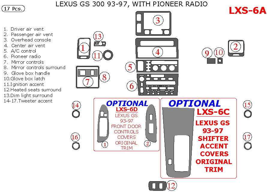 Lexus GS 1993, 1994, 1995, 1996, 1997, Interior Dash Kit, Pioneer Radio, Match OEM, 17 Pcs. dash trim kits options