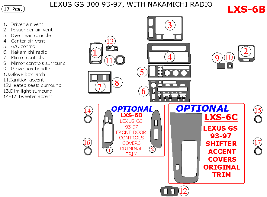 Lexus GS 1993, 1994, 1995, 1996, 1997, Interior Dash Kit, Nakamichi Radio, Match OEM, 17 Pcs. dash trim kits options