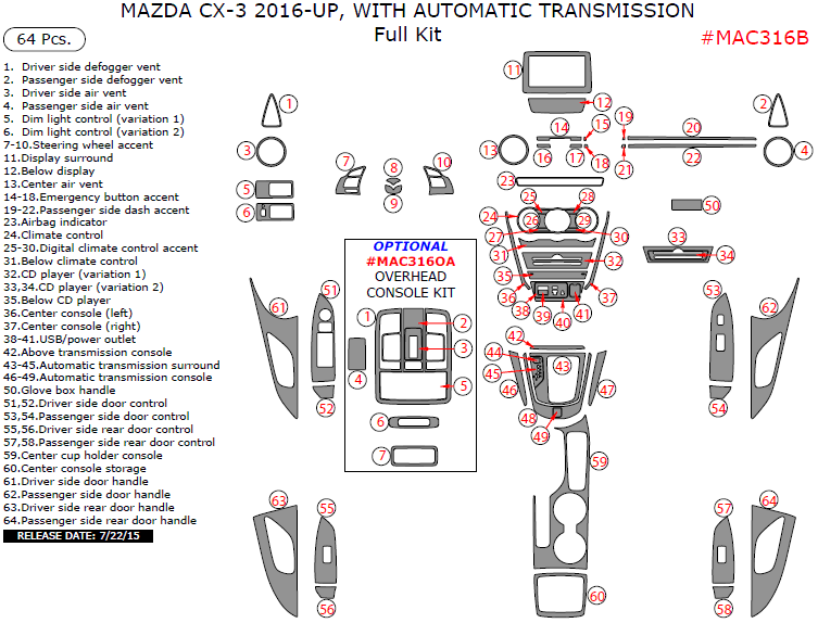 Mazda CX-3 2016, 2017, With Automatic Transmission, Full Interior Kit, 64 Pcs. dash trim kits options