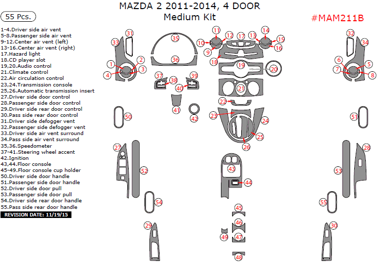 Mazda 2 2011, 2012, 2013, 2014, Medium Interior Kit (4 Door), 55 Pcs. dash trim kits options