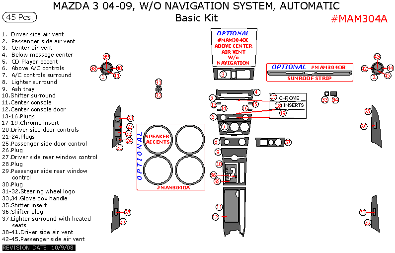 Mazda 3 2004, 2005, 2006, 2007, 2008, 2009, Without Navigation, Automatic, Basic Interior Kit, 45 Pcs. dash trim kits options