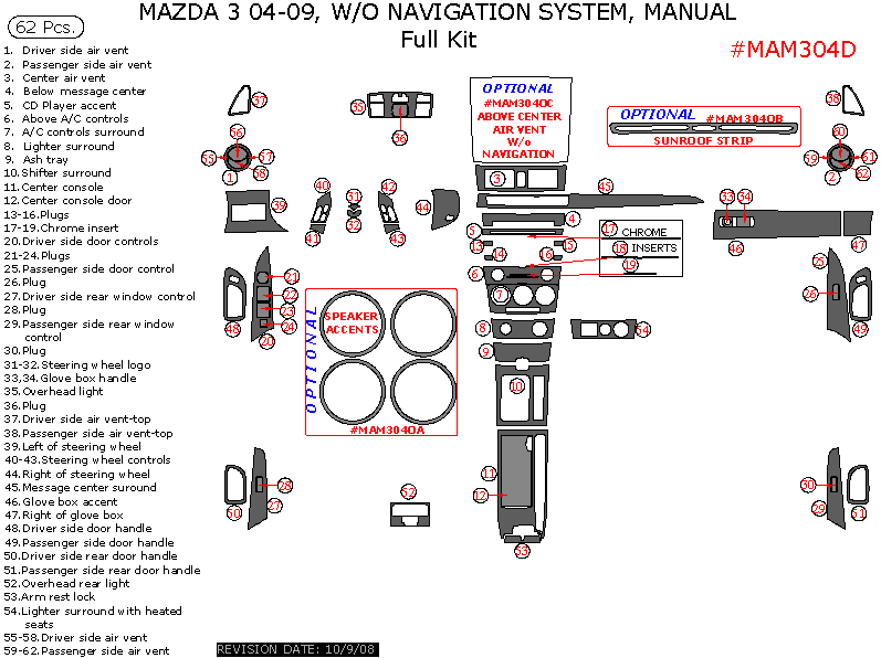 Mazda 3 2004, 2005, 2006, 2007, 2008, 2009, Without Navigation, Manual, Full Interior Kit, 62 Pcs. dash trim kits options