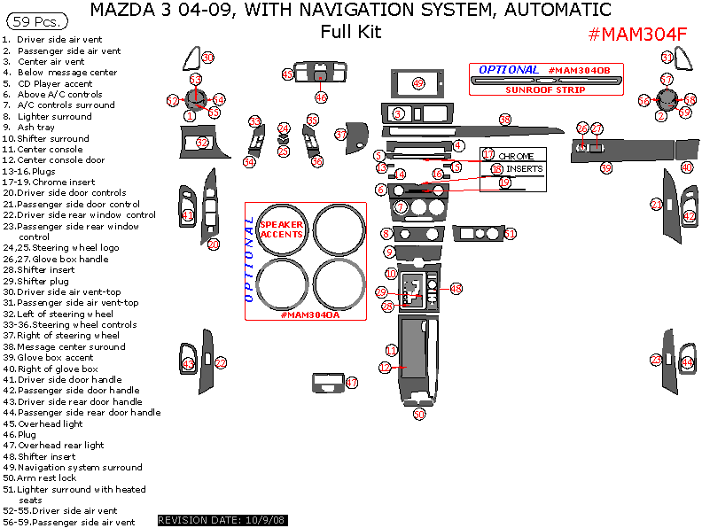 Mazda 3 2004, 2005, 2006, 2007, 2008, 2009, With Navigation, Automatic, Full Interior Kit, 59 Pcs. dash trim kits options