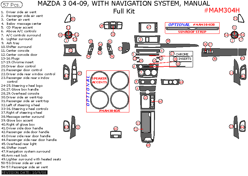 Mazda 3 2004, 2005, 2006, 2007, 2008, 2009, With Navigation, Manual, Full Interior Kit, 57 Pcs. dash trim kits options