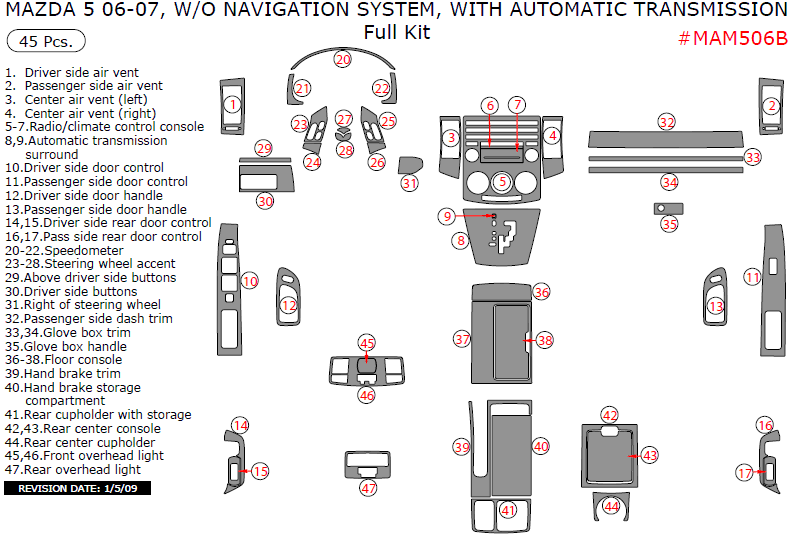 Mazda 5 2006-2007, W/o Navigation System, With Automatic Transmission, Full Interior Kit, 45 Pcs. dash trim kits options