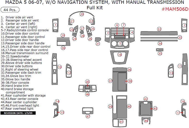 Mazda 5 2006-2007, W/o Navigation System, With Manual Transmission, Full Interior Kit, 44 Pcs. dash trim kits options