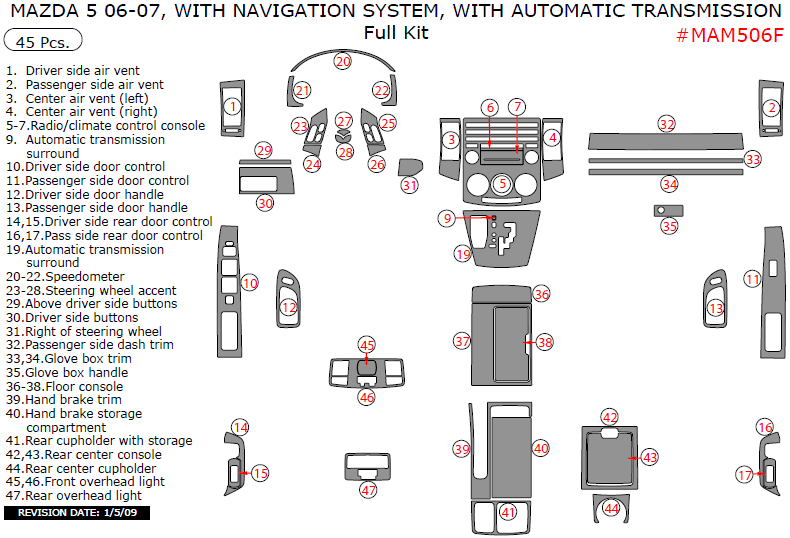 Mazda 5 2006-2007, With Navigation System, With Automatic Transmission, Full Interior Kit, 45 Pcs. dash trim kits options