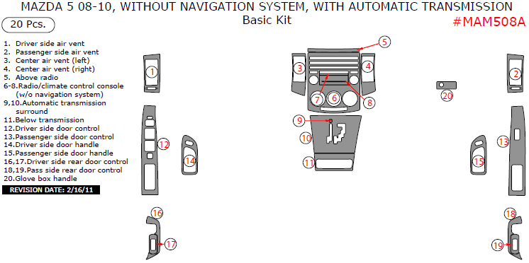Mazda 5 2008, 2009, 2010, Without Navigation System, With Automatic Transmission, Basic Interior Kit, 20 Pcs. dash trim kits options