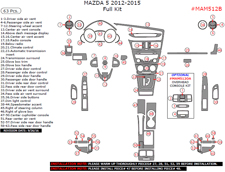 Mazda 5 2012, 2013, 2014, 2015, Full Interior Kit, 63 Pcs. dash trim kits options