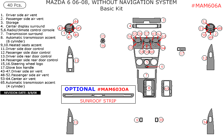 Mazda 6 2006, 2007, 2008, Without Navigation System, Basic Interior Kit, 40 Pcs. dash trim kits options