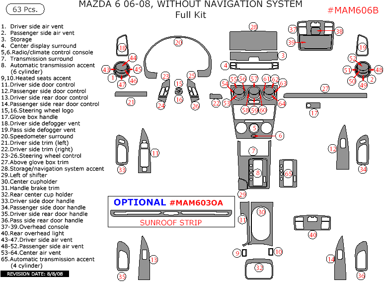 Mazda 6 2006, 2007, 2008, Without Navigation System, Full Interior Kit, 63 Pcs. dash trim kits options