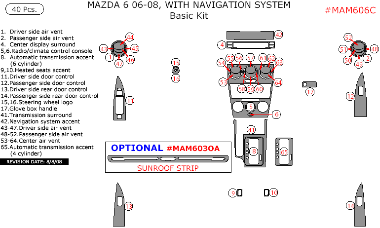 Mazda 6 2006, 2007, 2008, With Navigation System, Basic Interior Kit, 40 Pcs. dash trim kits options