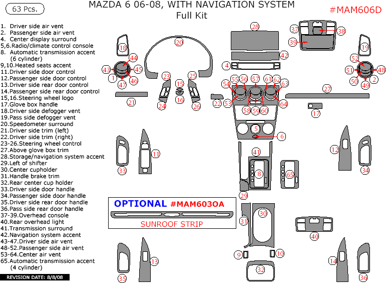 Mazda 6 2006, 2007, 2008, With Navigation System, Full Interior Kit, 63 Pcs. dash trim kits options