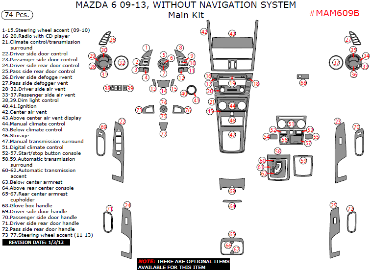 Mazda 6 2009, 2010, 2011, 2012, 2013, Without Navigation System, Main Interior Kit, 74 Pcs. dash trim kits options