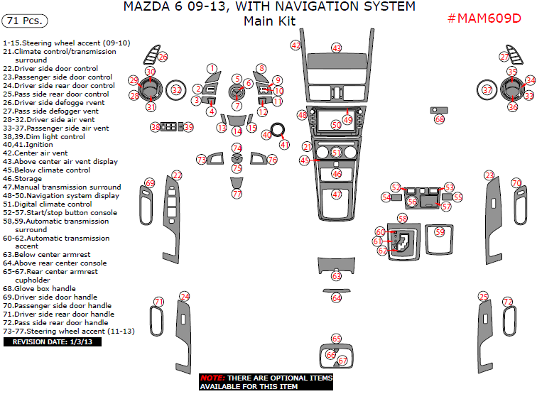 Mazda 6 2009, 2010, 2011, 2012, 2013, With Navigation System, Main Interior Kit, 71 Pcs. dash trim kits options
