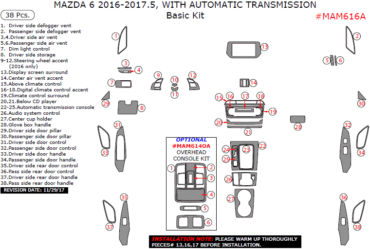 Mazda 6 2016, 2017, With Automatic Transmission, Basic Interior Kit, 38 Pcs. dash trim kits options