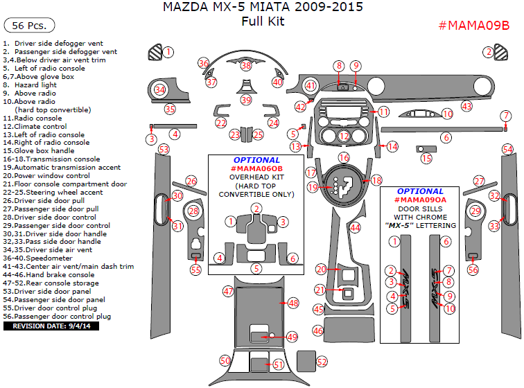 Mazda Miata 2009, 2010, 2011, 2012, 2013, 2014, 2015, Full Interior Kit, 56 Pcs. dash trim kits options