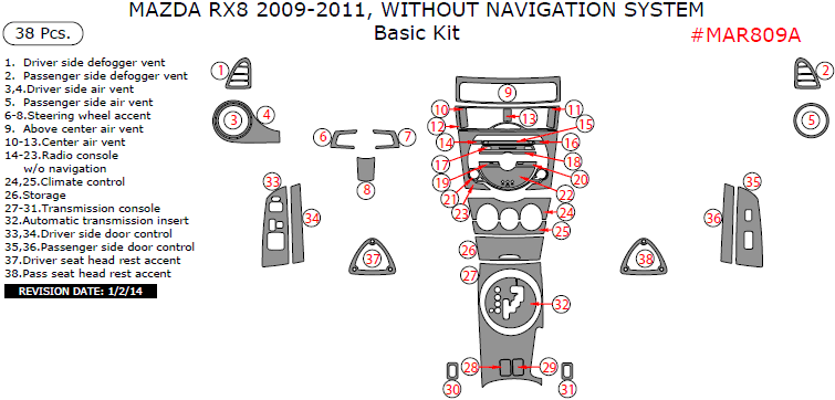 Mazda RX-8 2009, 2010, 2011, Without Navigation System, Basic Interior Kit, 38 Pcs. dash trim kits options