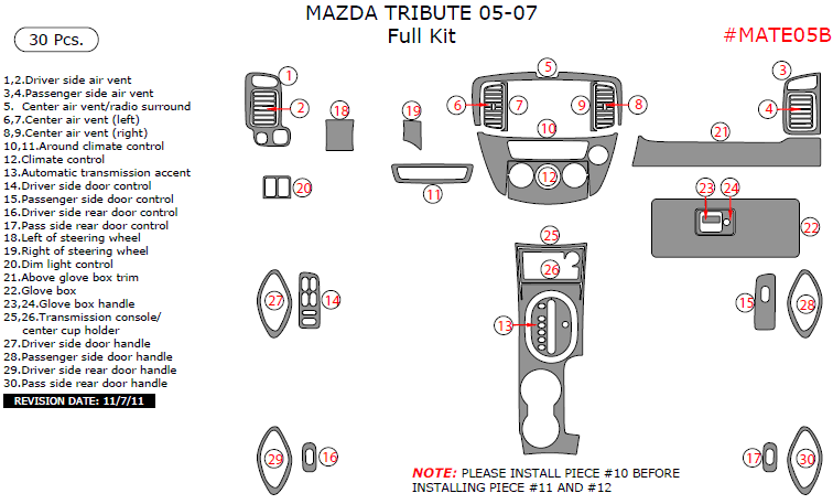 Mazda Tribute 2005, 2006, 2007, Full Interior Kit, 30 Pcs. dash trim kits options