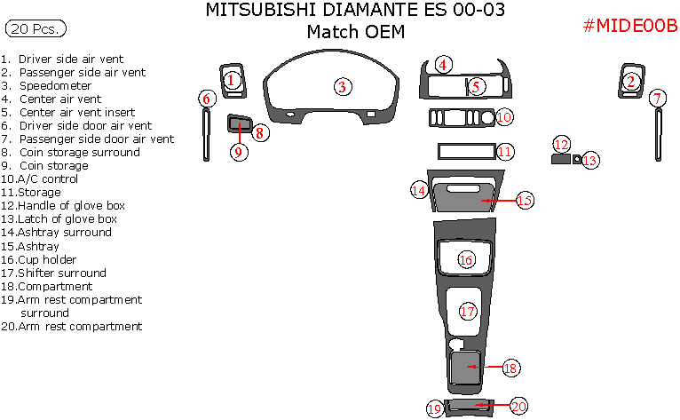 Mitsubishi Diamante 2000, 2001, 2002, 2003, Interior Dash Kit, Match OEM (Except LS), 20 Pcs. dash trim kits options
