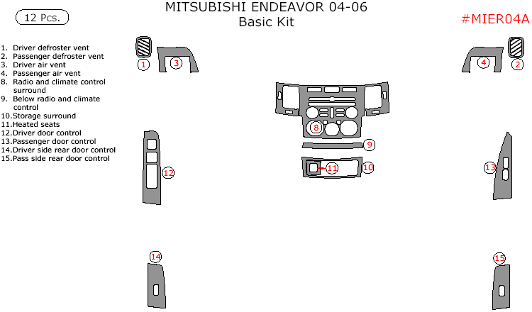 Mitsubishi Endeavor 2004, 2005, 2006, Basic Interior Kit, 12 Pcs. dash trim kits options