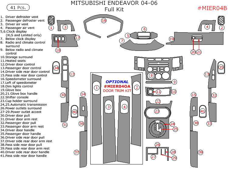 Mitsubishi Endeavor 2004, 2005, 2006, Full Interior Kit, 41 Pcs. dash trim kits options