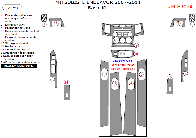 Mitsubishi Endeavor 2007, 2008, 2009, 2010, 2011, Basic Interior Kit, 12 Pcs. dash trim kits options