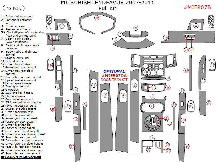 Mitsubishi Endeavor 2007, 2008, 2009, 2010, 2011, Full Interior Kit, 43 Pcs. dash trim kits options
