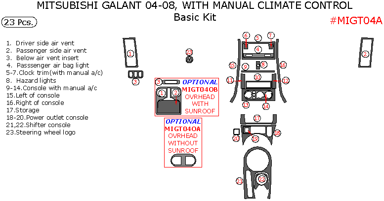Mitsubishi Galant 2004, 2005, 2006, 2007, 2008, With Manual Climate Control, Basic Interior Kit, 23 Pcs. dash trim kits options