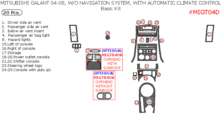 Mitsubishi Galant 2004, 2005, 2006, 2007, 2008, W/o Navigation System, With Digital Climate Control, Basic Interior Kit, 20 Pcs. dash trim kits options