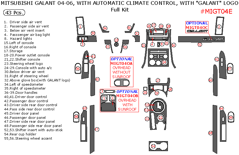 Mitsubishi Galant 2004, 2005, 2006, With Automatic Climate Control, Full Interior Kit, With "Galant" Logo, 43 Pcs. dash trim kits options